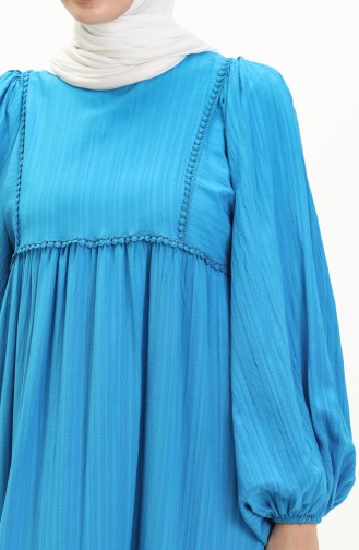 Ağaç Kabuğu Kumaş Balon Kol Elbise 24Y9026-01 Mavi