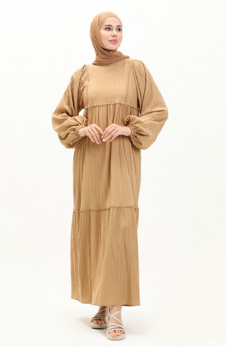 Ağaç Kabuğu Kumaş Balon Kol Elbise 24Y9026-03 Camel