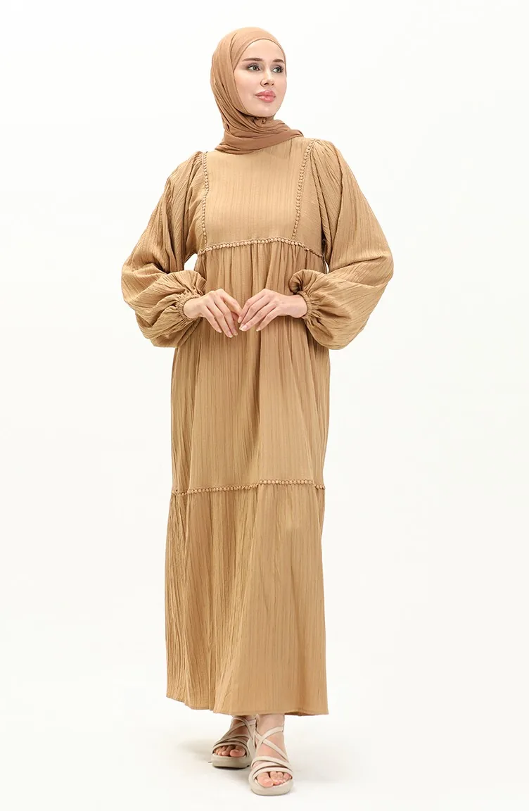 Robe à Manches Ballon en Tissu D écorce D arbre 24Y9026-03 Camel 24Y9026-03
