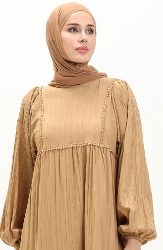 Ağaç Kabuğu Kumaş Balon Kol Elbise 24Y9026-03 Camel
