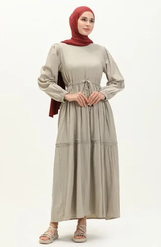 Ağaç Kabuğu Kumaş Beli Büzgülü Elbise 24Y9028-01 Bej