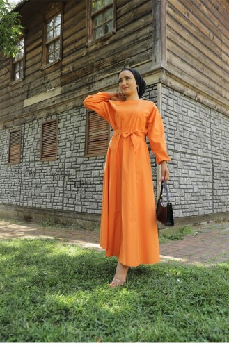 Svt2289 Mevlana Model Yakasız Uzun Elbise-Turuncu