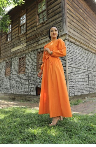 Svt2289 Mevlana Model Yakasız Uzun Elbise-Turuncu
