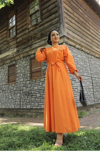 Svt2289 Mevlana Model Yakasız Uzun Elbise-Turuncu