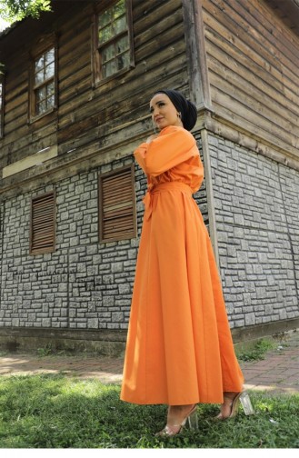Svt2289 Mevlana Model Yakasız Uzun Elbise-Turuncu