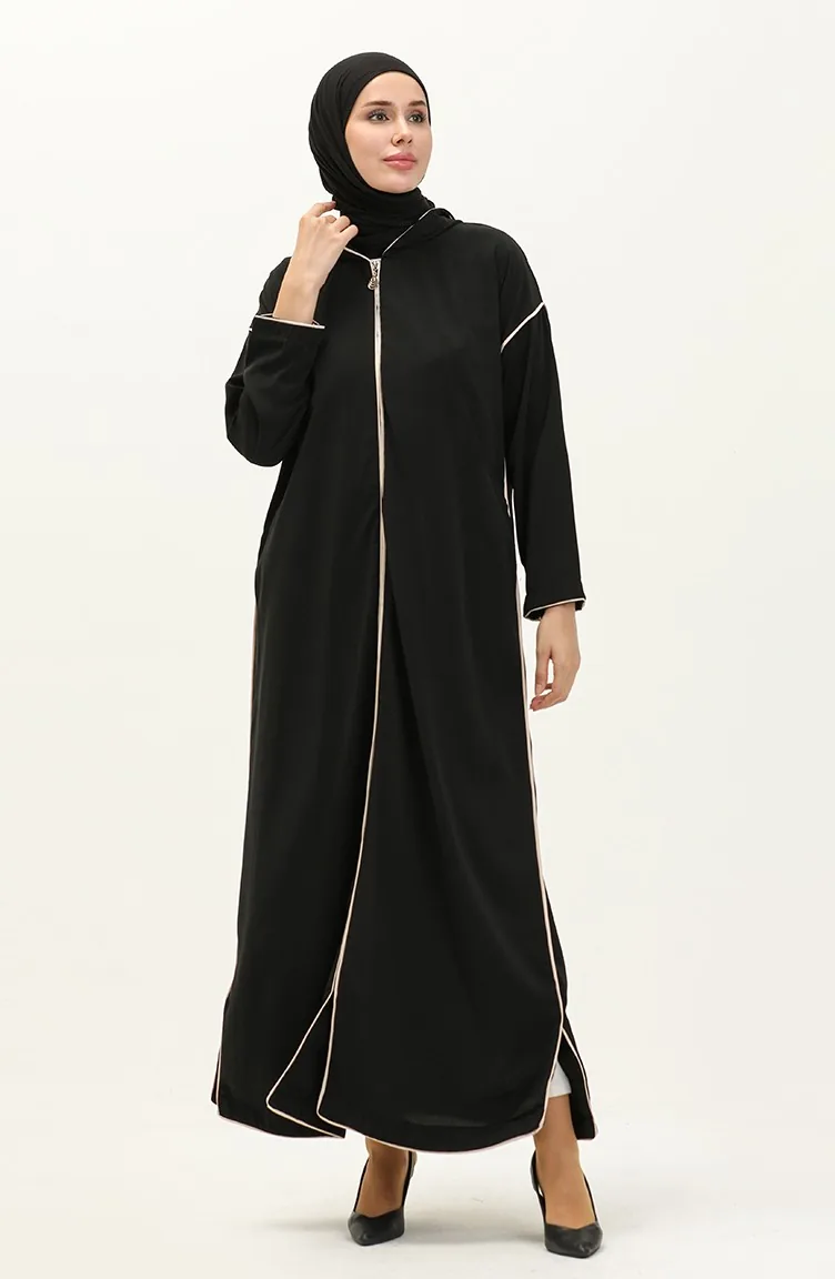 عباية بسحاب وشريط 24Y9015-04 أسود 24Y9015-04