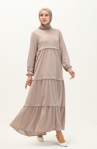 Elastic Sleeve Plain Dress 8888-05 Beige 8888-05
