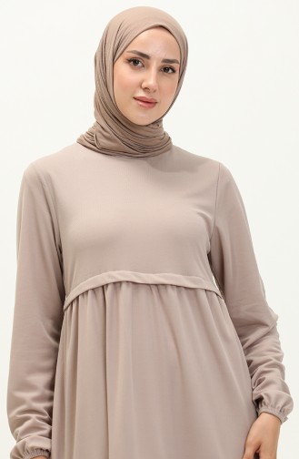 Elastic Sleeve Plain Dress 8888-05 Beige 8888-05