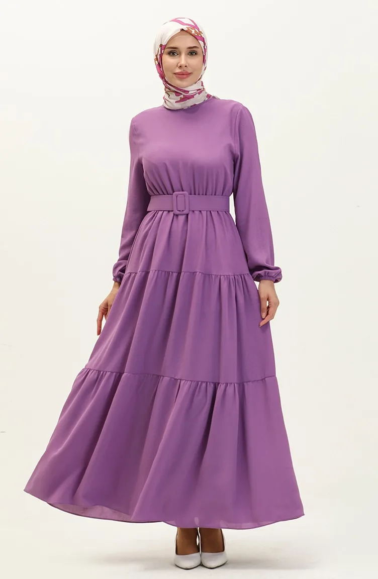 Gerafftes Kleid mit Gürtel 2002-02 Flieder 2002-02