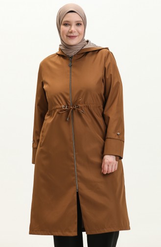 Women`s Long Hijab Trench Coat Large Size Zippered Trench 8644 Tan 8644.TABA