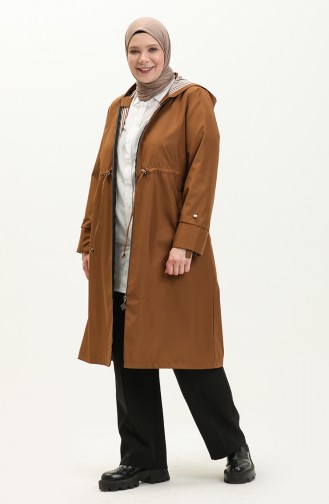 Women`s Long Hijab Trench Coat Large Size Zippered Trench 8644 Tan 8644.TABA