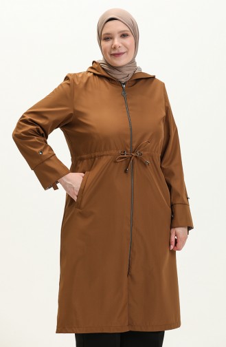 Women`s Long Hijab Trench Coat Large Size Zippered Trench 8644 Tan 8644.TABA