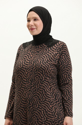 Kadin Buyuk Beden Zebra Desenli Uzun Tesettur Giyim Elbise 8632 Kahve