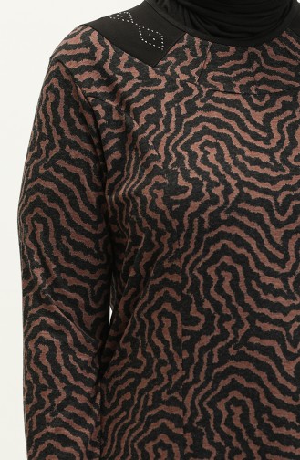 Kadin Buyuk Beden Zebra Desenli Uzun Tesettur Giyim Elbise 8632 Kahve