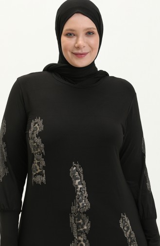 Kadin Buyuk Beden Leopar Desenli Siyah Tesettur Elbise 8642 Siyah