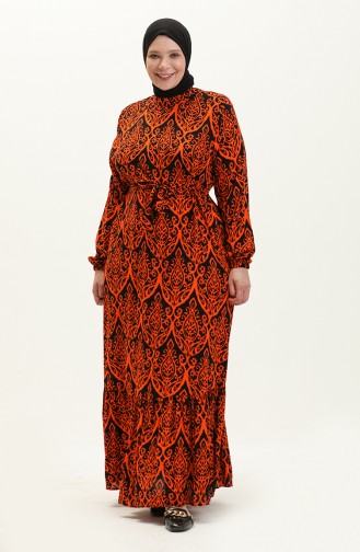 فستان نسائي بياقة رائعة مقاس كبير فستان حجاب قماش فيسكوز مطوي ومطوي 8686 برتقالي 8686.TURUNCU