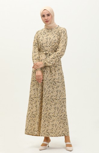 Büyük Beden Kemerli Desenli Elbise 1789-02 Bej