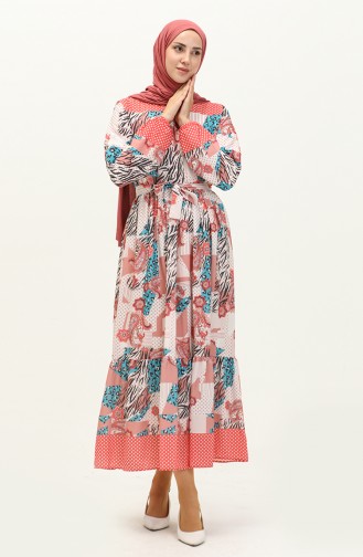 Elastic Sleeve Patterned Dress 0111-03 Brick Red 0111-03