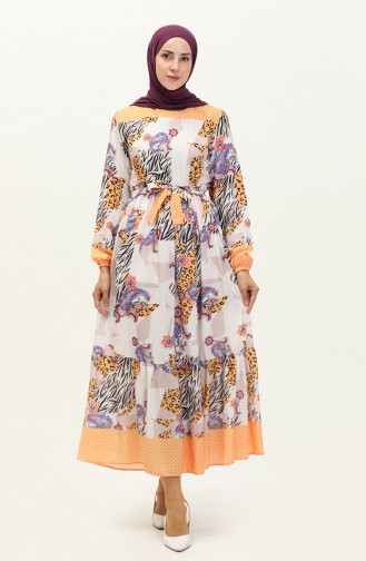 Robe à Motifs à Manches élastiques 0111-01 Moutarde 0111-01