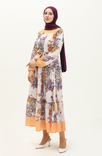 فستان مُطبع وأكمام مطاطية 0111-01 لون الخردل 0111-01