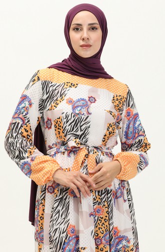 فستان مُطبع وأكمام مطاطية 0111-01 لون الخردل 0111-01