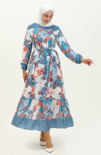Kolu Lastikli Desenli Elbise 0111-04 İndigo