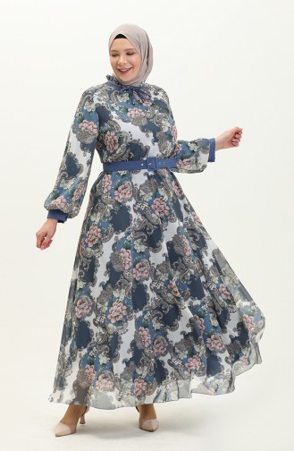 Plus Size Patterned Chiffon Dress 3026-01 Indigo 3026-01