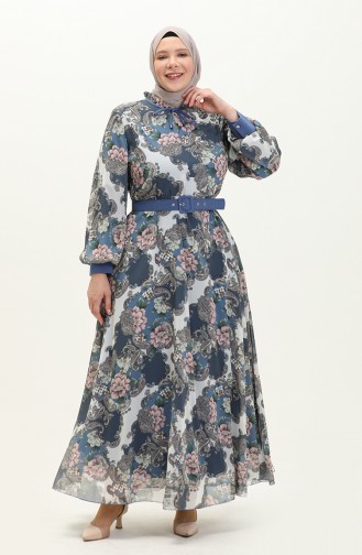 Plus Size Patterned Chiffon Dress 3026-01 Indigo 3026-01