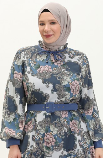 Plus Size Patterned Chiffon Dress 3026-01 Indigo 3026-01