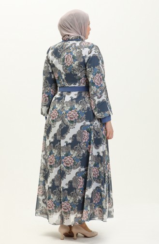 Plus Size Patterned Chiffon Dress 3026-01 Indigo 3026-01