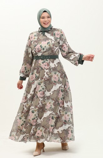 Plus Size Patterned Chiffon Dress 3026-03 Khaki 3026-03