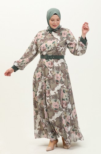 Plus Size Patterned Chiffon Dress 3026-03 Khaki 3026-03