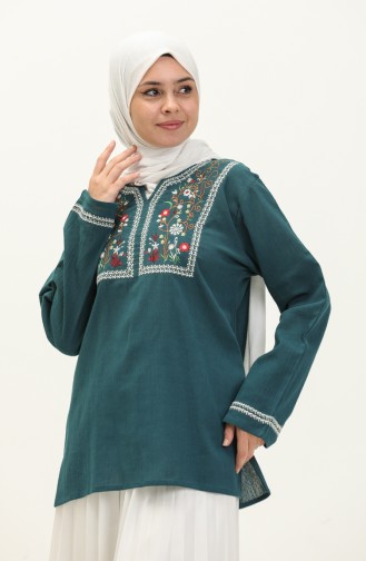 Embroidered Şile Fabric Blouse 0011-10 Petrol 0011-10