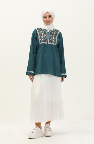 Embroidered Şile Fabric Blouse 0011-10 Petrol 0011-10