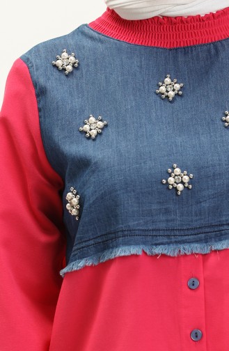 İnci Ve Taş Detaylı Oversize Gömlek Şarabi 6070