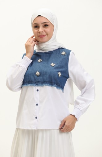 İnci Ve Taş Detaylı Oversize Gömlek Beyaz 6070