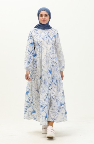 Terikoton Çiçek Desenli Elbise 70156-03 Saks