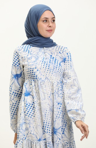 Terikoton Çiçek Desenli Elbise 70156-03 Saks