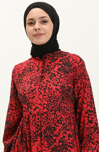 Terikoton Desenli Elbise 70156A-02 Kırmızı