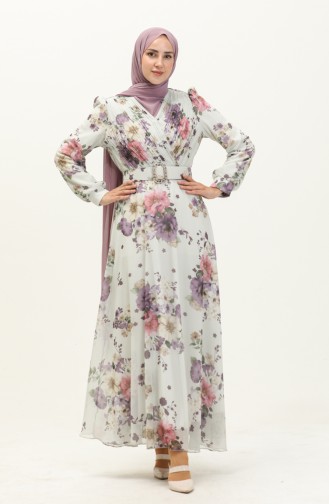 Geblümtes Chiffonkleid 3023-01 Ecru Flieder 3023-01