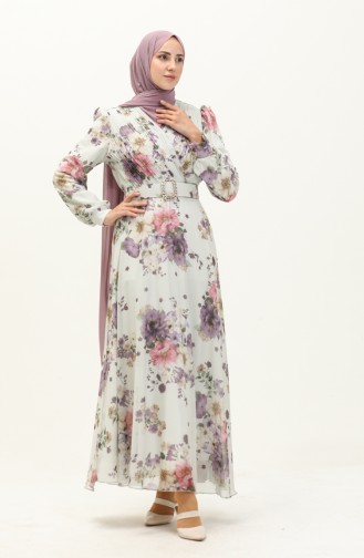 Geblümtes Chiffonkleid 3023-01 Ecru Flieder 3023-01