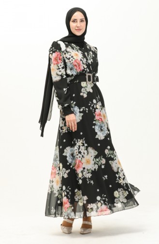 Floral Patterned Chiffon Dress 3023-04 Black 3023-04