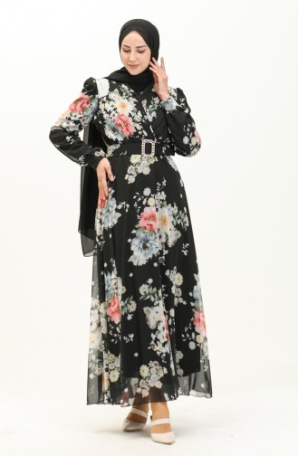 Floral Patterned Chiffon Dress 3023-04 Black 3023-04