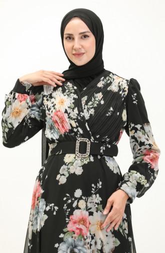 Floral Patterned Chiffon Dress 3023-04 Black 3023-04
