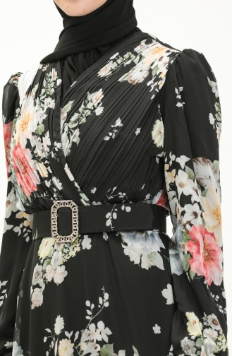 Floral Patterned Chiffon Dress 3023-04 Black 3023-04