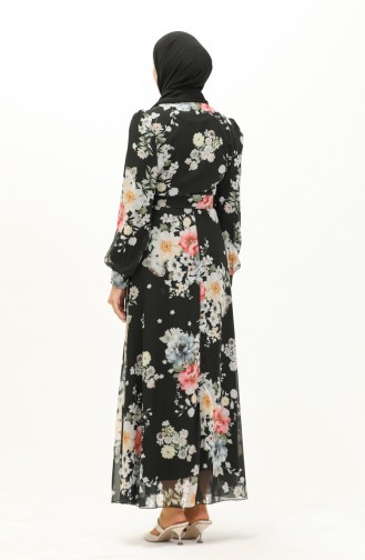 Floral Patterned Chiffon Dress 3023-04 Black 3023-04