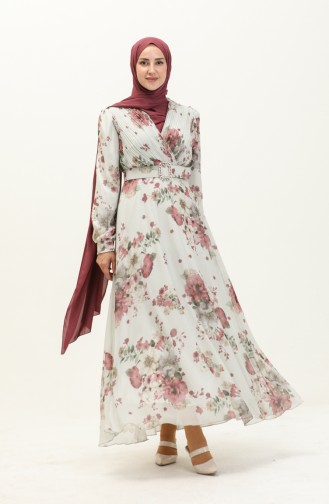 Floral Patterned Chiffon Dress 3023-05 Ecru Plum 3023-05
