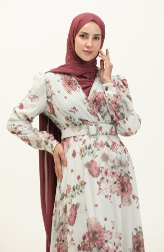 Floral Patterned Chiffon Dress 3023-05 Ecru Plum 3023-05