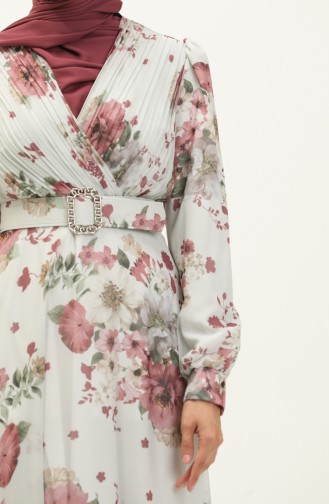 Floral Patterned Chiffon Dress 3023-05 Ecru Plum 3023-05