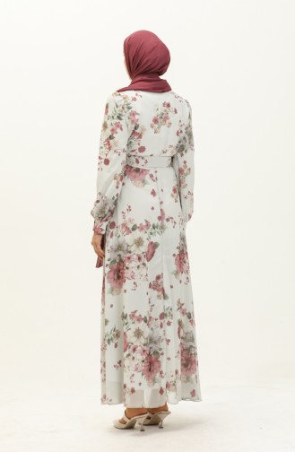 Floral Patterned Chiffon Dress 3023-05 Ecru Plum 3023-05